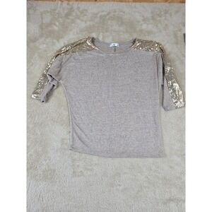89th + Madison Women's Taupe Sequin Shoulder‎ 3/4 Sleeve Top Large